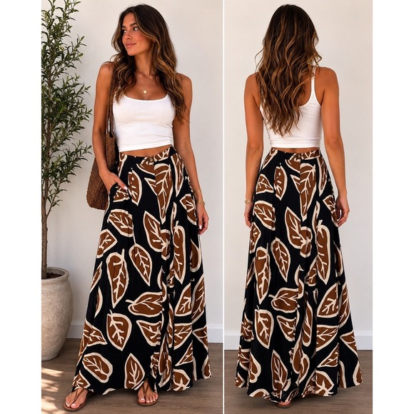 Who What Wear Dresses & Skirts - Who What Wear Maxi Skirt Womens Sz 2 Black Brown Abstract Leaf Print Earthy Boho